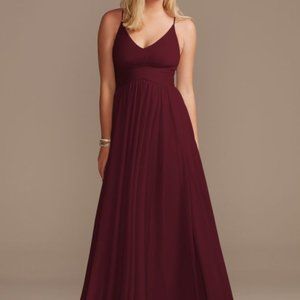 David's Bridal Mesh Cross Waist Spaghetti Strap Bridesmaid Dress, Wine, Size 8